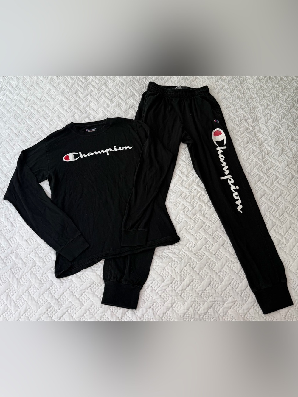 Champion Black White Logo Long Sleeve Shirt & Pants Loungewear Set Men Small